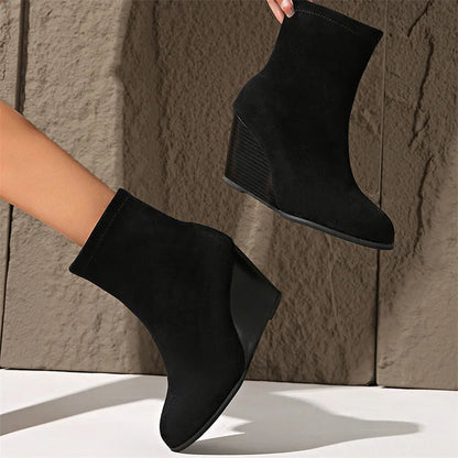 Solid Color Round Toe Wedge Heel Pull On Ankle Boots