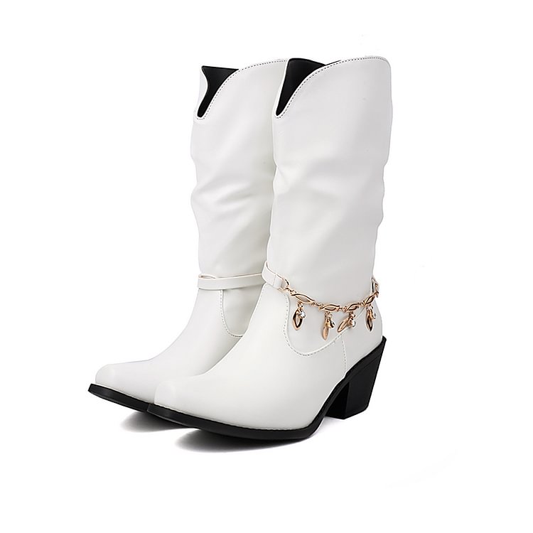 Metal Chain Decor Patchwork Square Toe Chunky Heel Mid Calf Boots