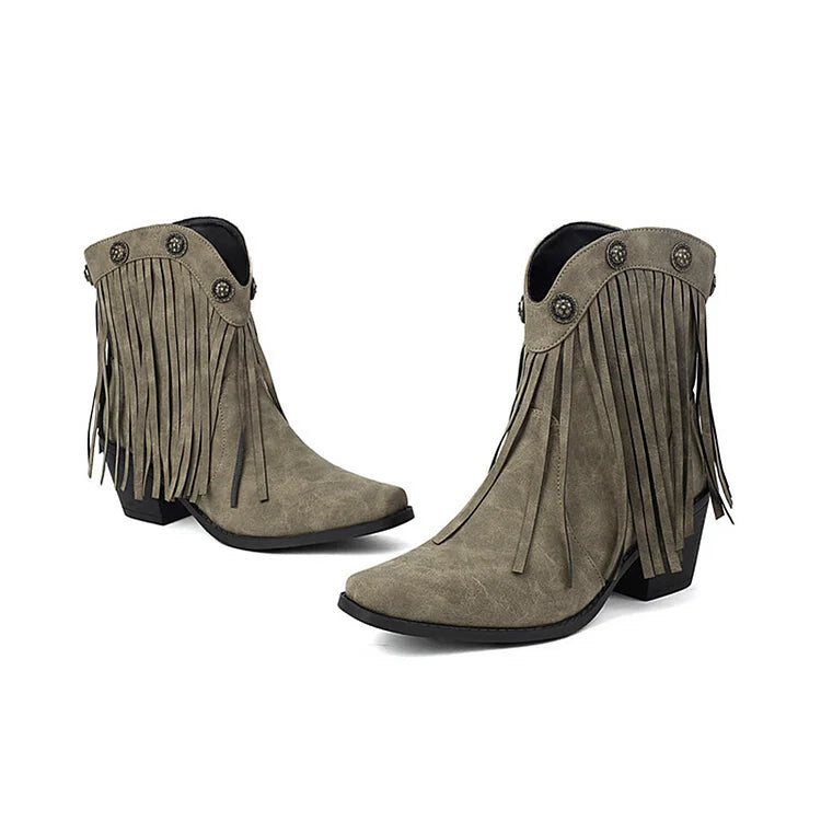 Fringed Trim Metallic Studded Square Toe Chunky Heel Ankle Boots