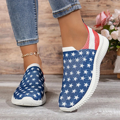 Striped Star Pattern Print Slip On Casual Lightweight Sneakers