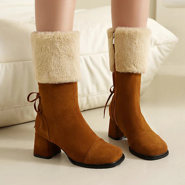 Christmas Colorblock Fluffy Trim Lace Up Square Toe Chunky Heel Mid Boots