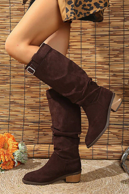 Colorblock Strap Buckle Decor Pointed Toe Chunky Heel Knee High Boots