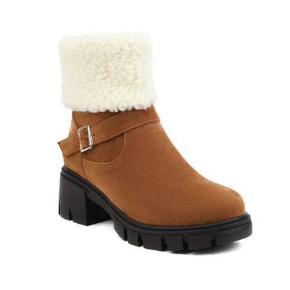 Round Toe Strap Buckle Decor Fluffy Trim Chunky Heel Snow Boots