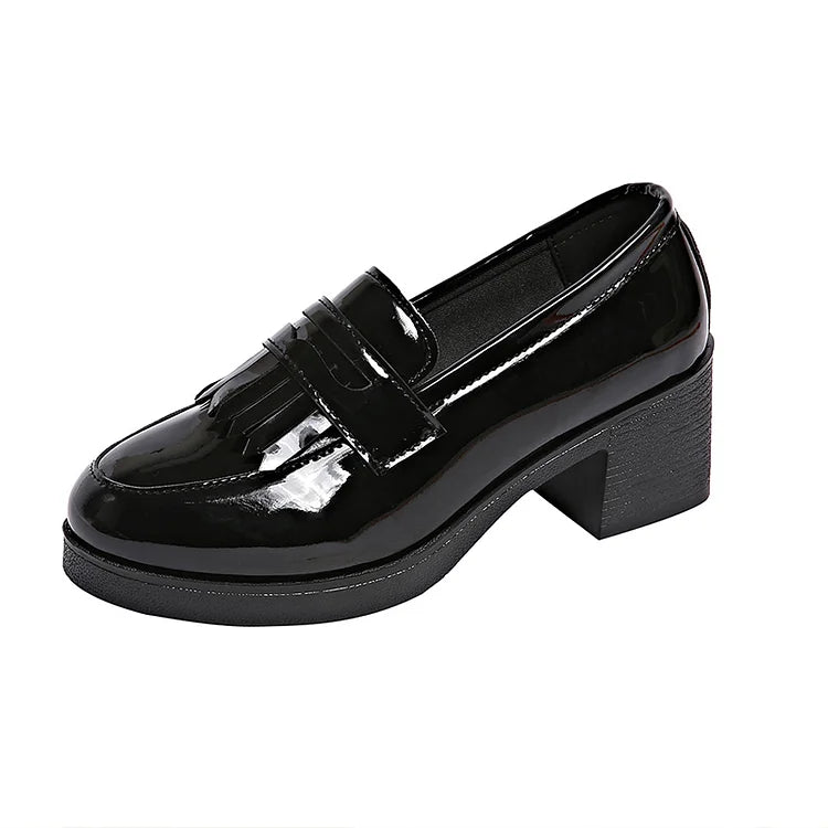 Patchwork Fringed Trim Round Toe Chunky Heel Loafers