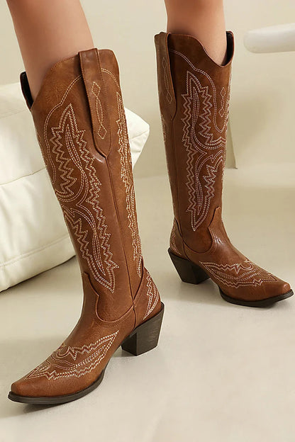 Pointed Toe Embroidery Patchwork Chunky Heel Pull On Western Boots