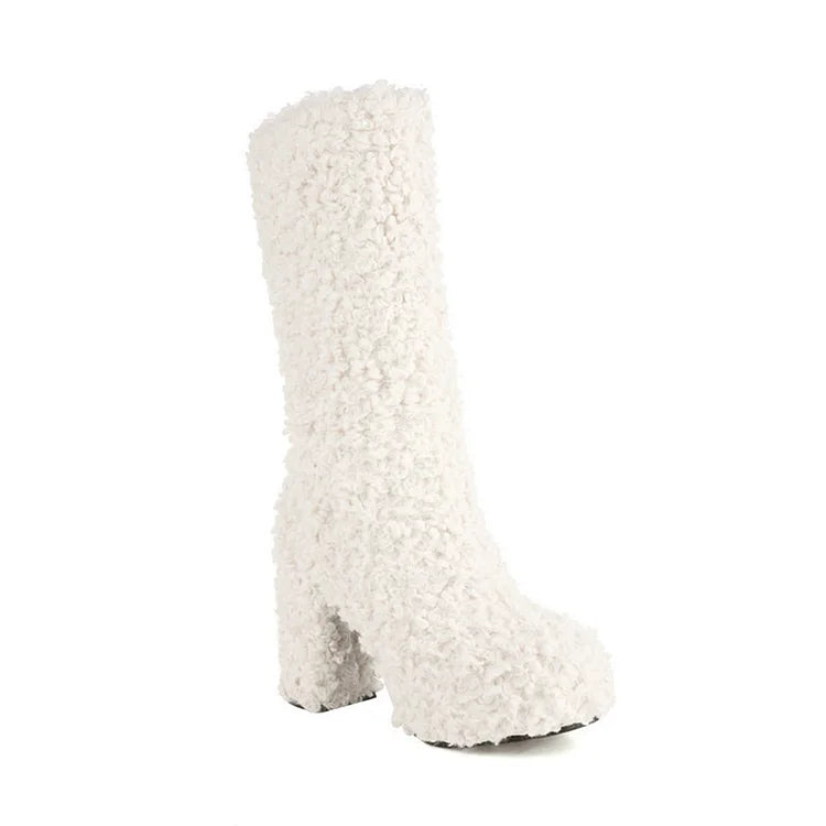 Solid Color Faux Fur Round Toe Chunky Heel Platform Mid Calf Boots