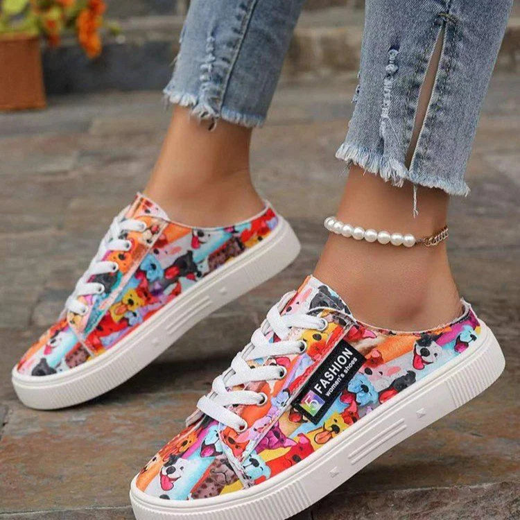 Canvas Multicolor Print Round Toe Slip On Lace Up Sneakers