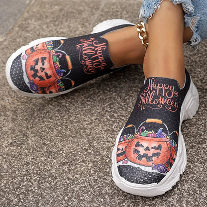 Happy Halloween Floral Skulls Ghost Pumpkin Spider Web Print Slip On Sneakers