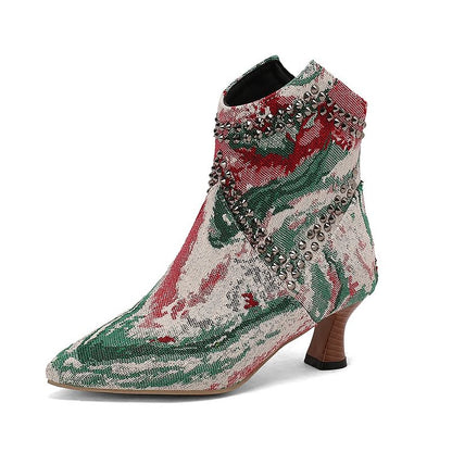 Colorblock Pattern Pointed Toe Rhinestone Decor Ankle Boots