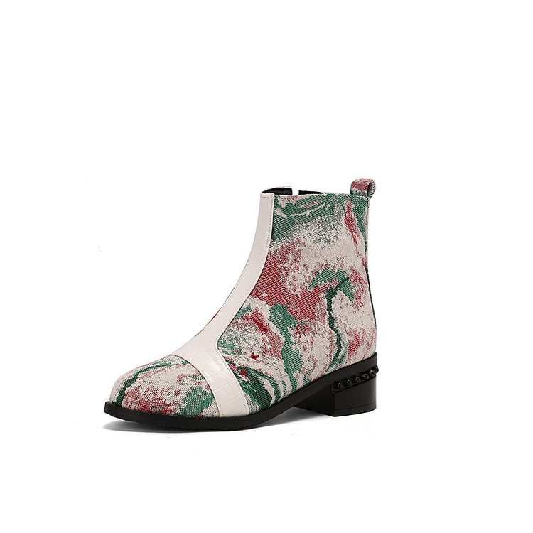 Colorblock Abstract Pattern Patchwork Round Toe Ankle Boots