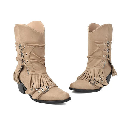 Fold Over Fringed Trim Zipper Pointed Toe Chunky Heel Western Boots