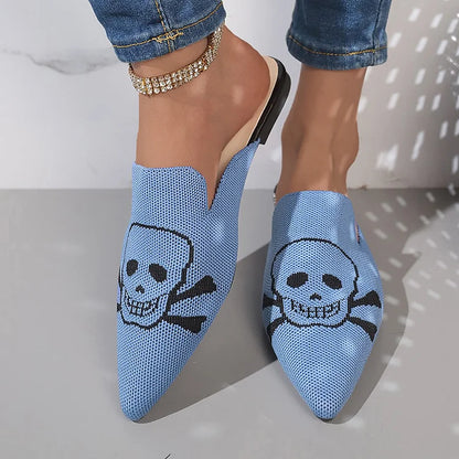 Casual Skull Print Pointy Toe Breathable Knit Mules