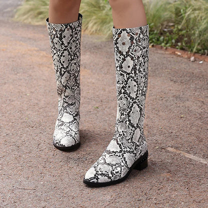 Crocodile Print Hollow Out Round Toe Chunky Heel Knee High Boots