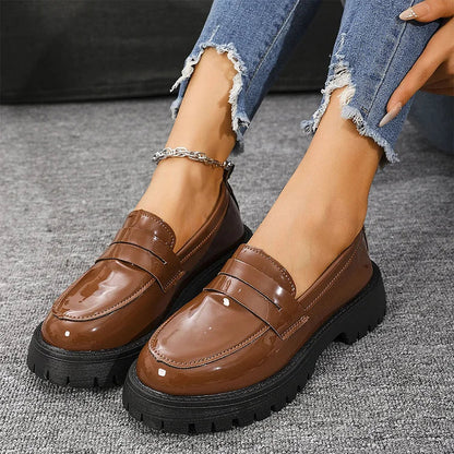 Patchwork Round Toe Low Block Heel Casual Slip On Loafers