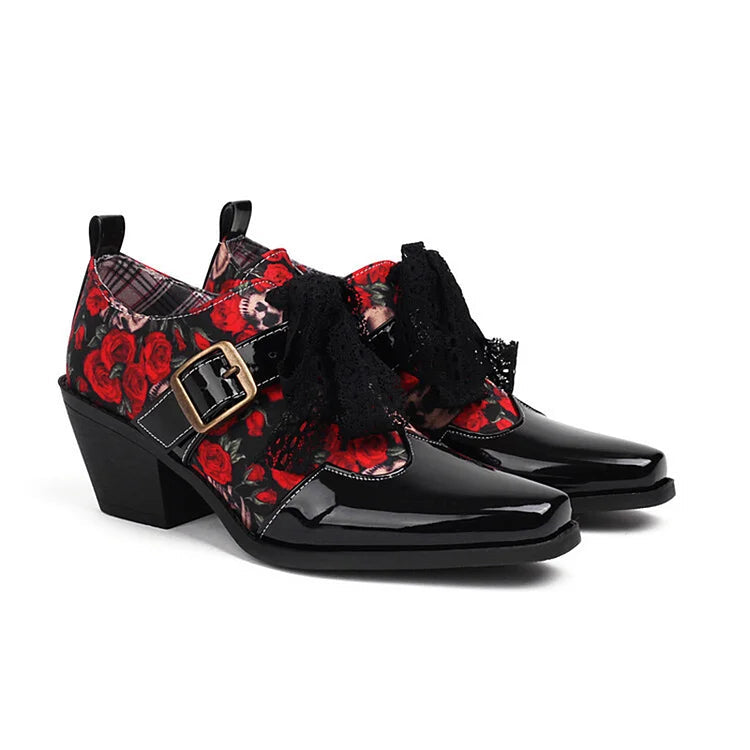 Roses Skull Print Patchwork Tied Up Lace Square Toe Chunky Heel Oxfords