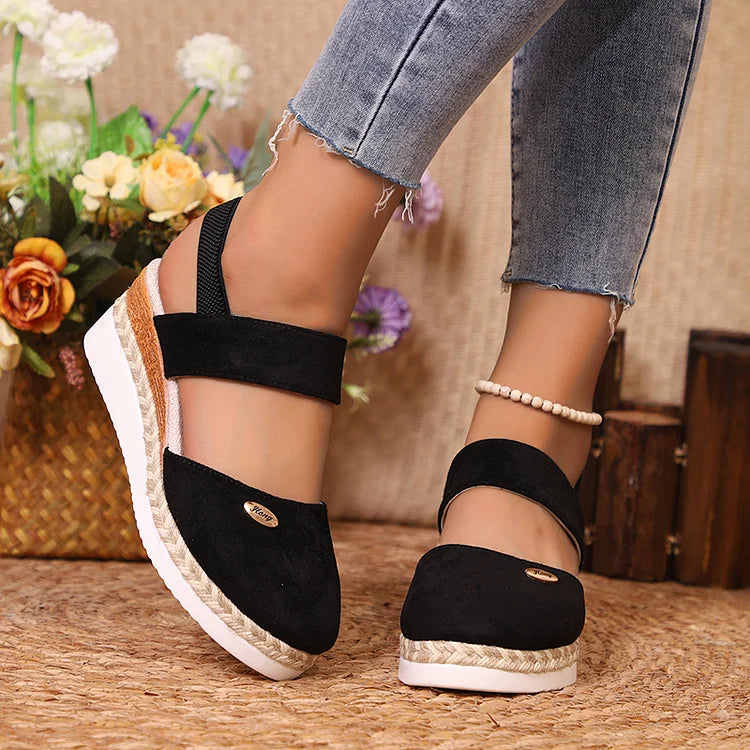 Metal Decor Slingback Strap Closed Toe Plain Espadrille Wedge Sandals