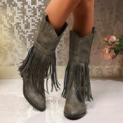 Metal Rivets Fringed Trim Pointed Toe Chunky Heel Mid Calf Boots