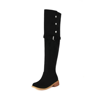 Metal Button Strap Buckle Decor Round Toe Over The Knee Boots