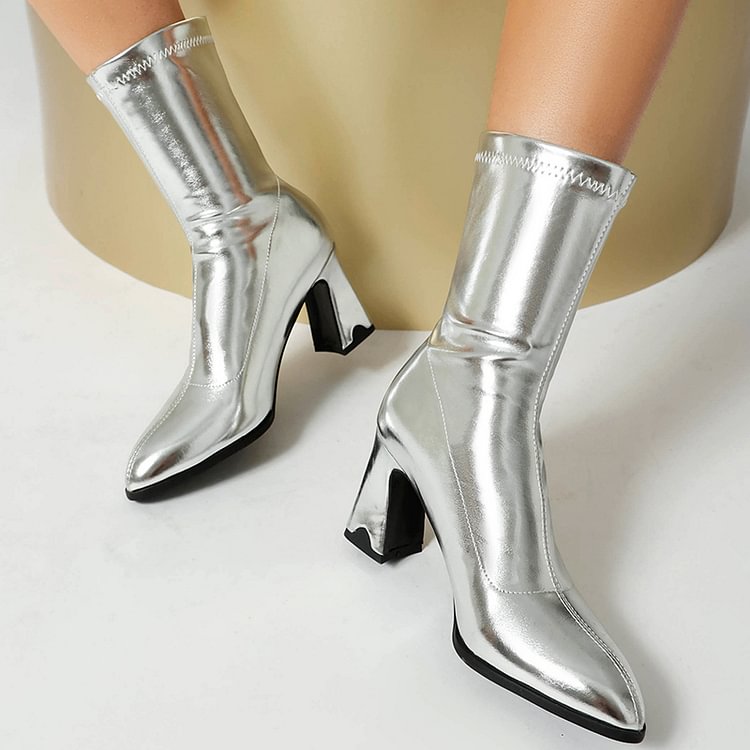 Metallic Sheen Solid Color Pointed Toe Chunky Heel Mid Calf Boots