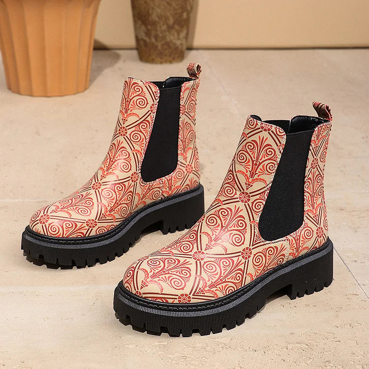 Round Toe Multicolor Print Patchwork Chunky Heel Ankle Boots