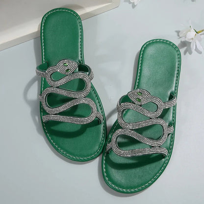 Rhinestone Snake Shaped Strap Round Toe Slippers