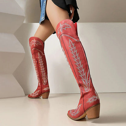 Embroidery V Cut Zipper Pointed Toe Chunky Heel Over The Knee Boots