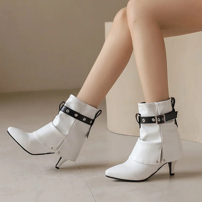 Colorblock Strap Buckle Fold Pointed Toe Stiletto Heel Ankle Boots