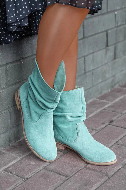 Solid Color Patchwork Round Toe V Cut Slouch Ankle Boots