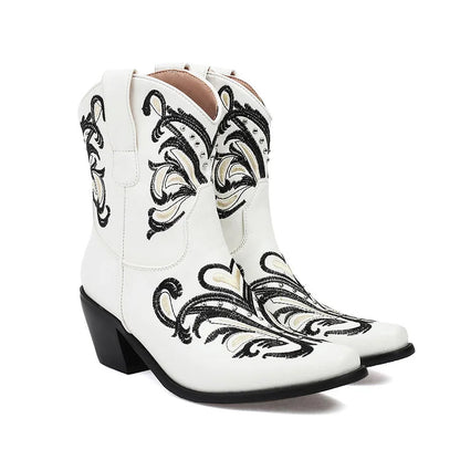 Embroidery Metallic Studded Square Toe Chunky Heel Western Boots