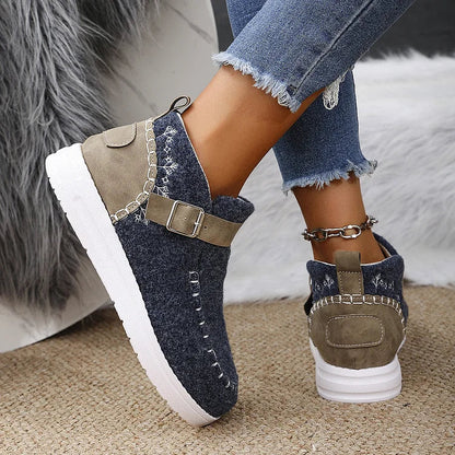 Colorblock Stitch Detail Patchwork Strap Buckle Round Toe Snow Boots