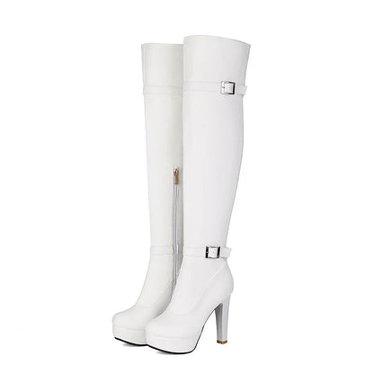 Two Strap Buckle Decor Zipper Round Toe Chunky Heel Over The Knee Boots