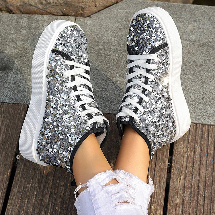 Glitter Sequins Lace Up Round Toe Fashion Casual Shoes