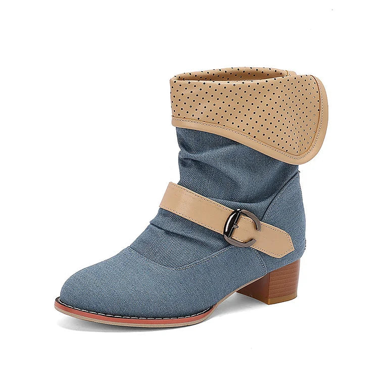 Colorblock Fold Patchwork Strap Buckle Chunky Heel Ankle Boots