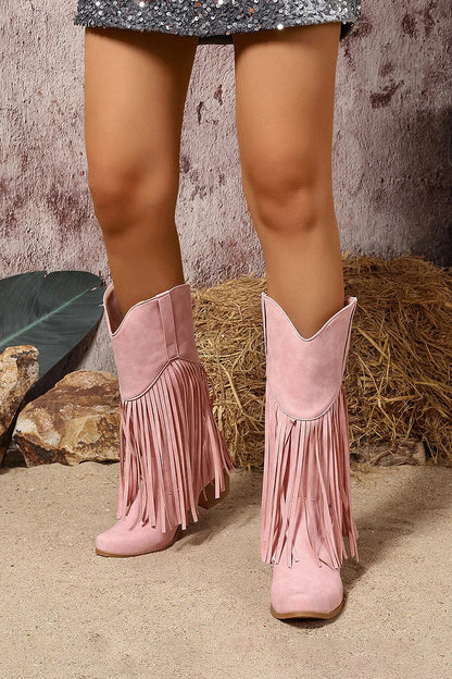 Fringed Trim Solid Color Pointed Toe Chunky Heel Mid Calf Boots