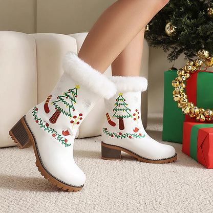 Christmas Tree Embroidery Fluffy Round Toe Chunky Heel Velvet Mid Boots