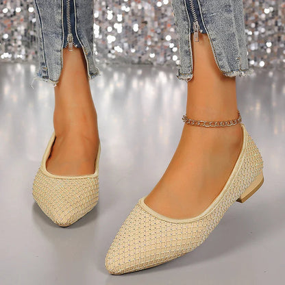 Rhinestone Decor Fishnet Patchwork Pointed Toe Flats