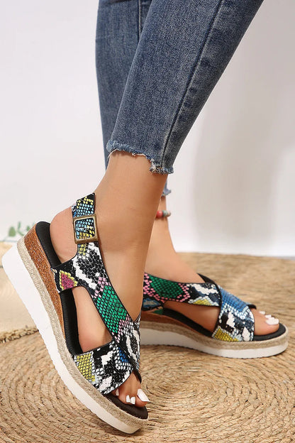 Snake Zebra-Striped Print Cross Belt Buckle Wedge Espadrille Sandals