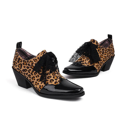 Tied Up Lace Leopard Print Patchwork Square Toe Chunky Heel Oxfords