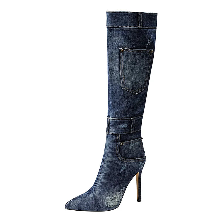 Denim Pocket Decor Patchwork Pointed Toe Stiletto Heel Knee High Boots