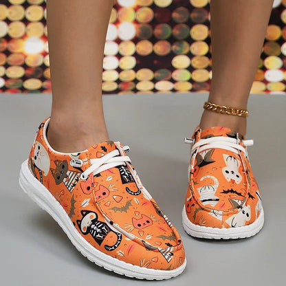 Halloween Element Pumpkin Ghost Skull Print Lace Up Canvas Casual Shoes