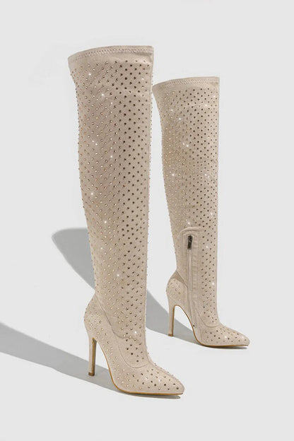 Rhinestone Decor Pointed Toe Stiletto Heel Over The Knee Boots