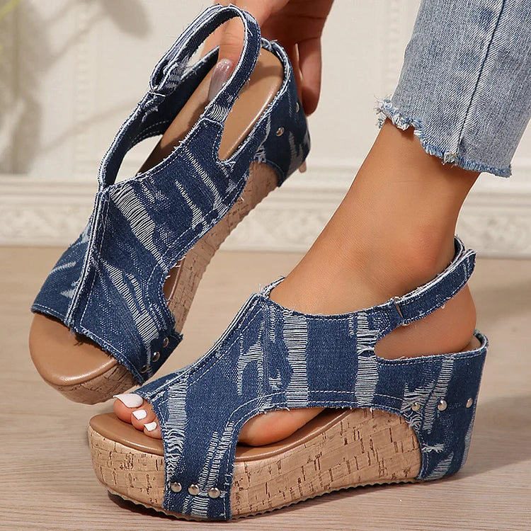 Denim Ripped Rivet Decor Cutout Slingback Strap Platform Wedge Sandals