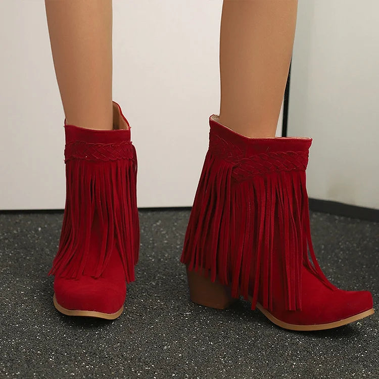 Pointed Toe Braided Fringed Trim Solid Color Chunky Heel Mid Boots