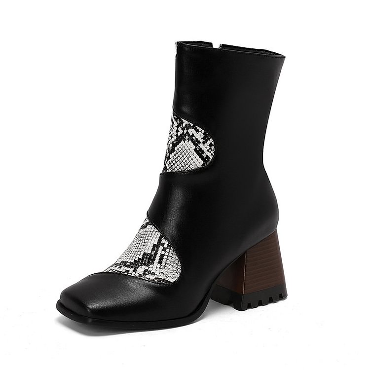 Snake Print Patchwork Square Toe Chunky Heel Mid Calf Boots