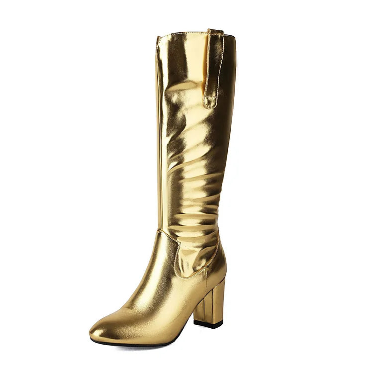 Zipper Metallic Sheen Pointed Toe Chunky Heel Mid Calf Boots