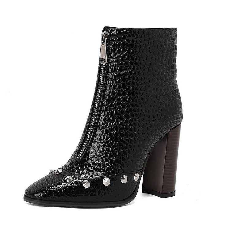 Metal Rivets Patchwork Zipper Square Toe Chunky Heel Ankle Boots