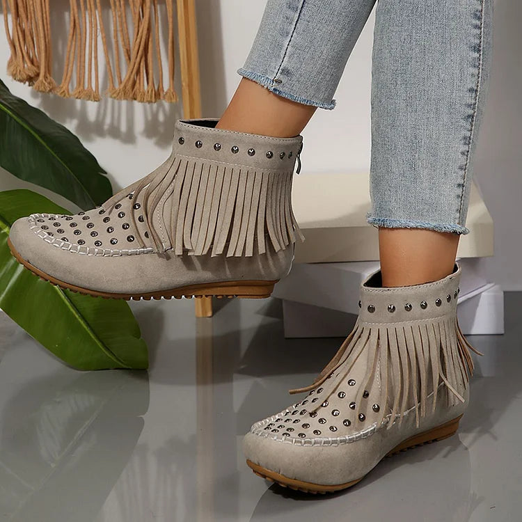 Metal Rivets Round Toe Fringed Trim Zipper Ankle Boots