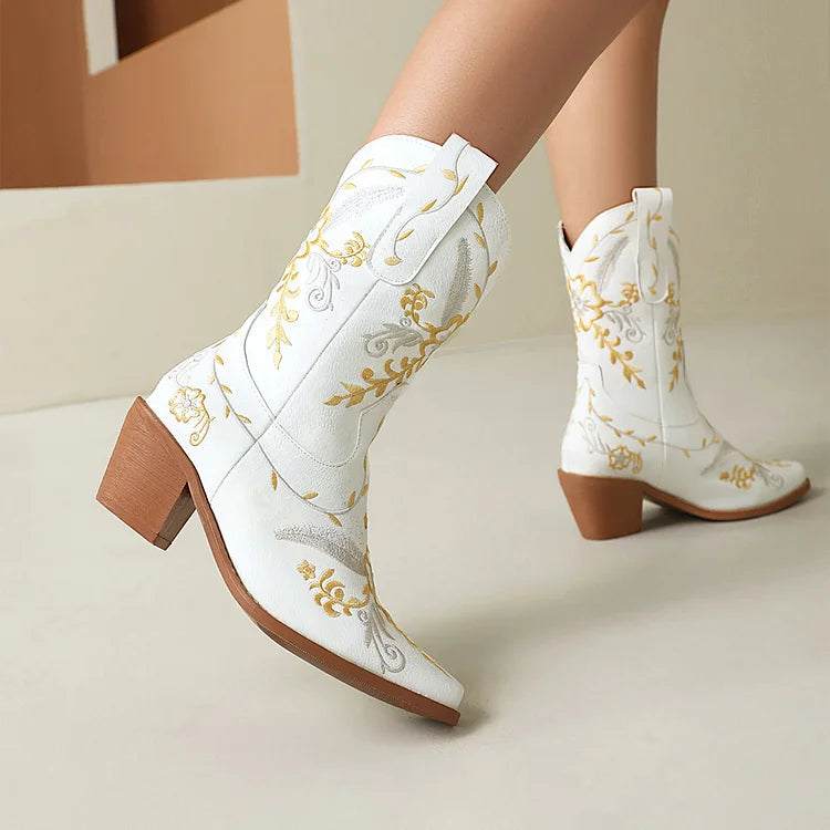 Floral Embroidery Patchwork Pointed Toe Chunky Heel Western Boots