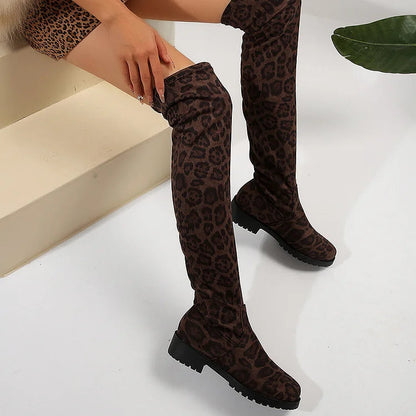 Solid Color Round Toe Patchwork Low Block Heel Over The Knee Boots