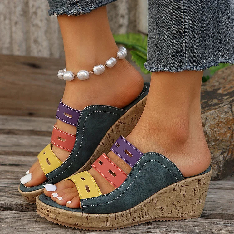 Color Block Quilted Hollow Out Peep Toe Wedge Slippers